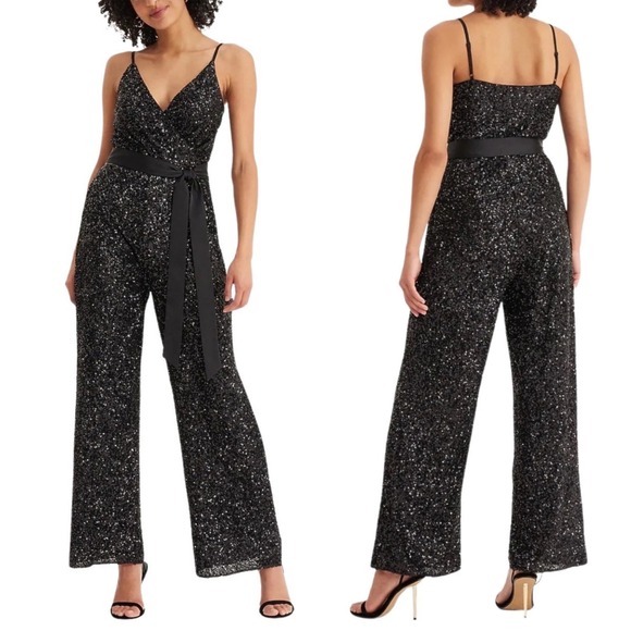 Express Pants - Express Black Sequin Jumpsuit Wide Leg Wrap V-Neck Sleeveless Party Event Small